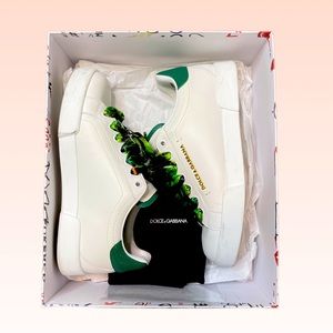 Dolce & Gabbana Green Portofino Sneakers In Nappa Calfskin & Printed Silk Laces